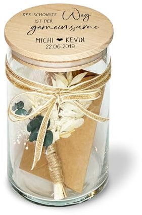 Personalisiertes Geschenk Glas mit Namen und Datum als Hochzeitsgeschenk Geldgeschenk optional mit Karte und Trockenblumen Vorratsglas (Typ 5)
