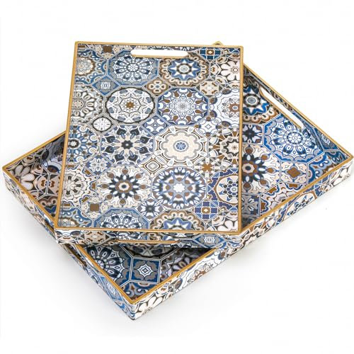 Hiceeden 2er Set Dekorative Serviertablett mit Griffen, Boho Teetablett Ottomane Tabletts zum Servieren, Modern Kunststoff Couchtisch Tablett für Wohnzimmer, Küche, Bad, Rechteck, Blau