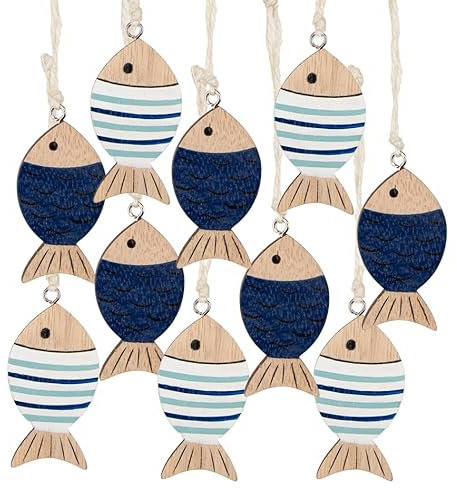Logbuch-Verlag 10 Holzfische Fische Anhänger Kommunion blau Fischernetz Maritime Deko Geschenkanhänger 5,5 cm