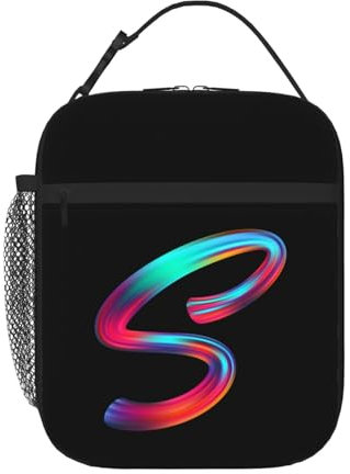 Personalised Letter Lunch Bag with Your Name Print, Custom Black Lunch Box with Initial Words for Adults Kids to Work School, Thermal Insulated Tote Bag with Mesh Pocket Water Bottle Holder, Letter S