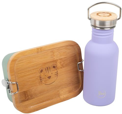 Lunch Set für Kinder – Pausenbox mit Trinkflasche 500ml aus Edelstahl, auslaufsicher & BPA-frei, Brotdose mit Trennwand – Ideal für Schule & Freizeit, Lila Flasche + Mint Box, leicht zu reinigen
