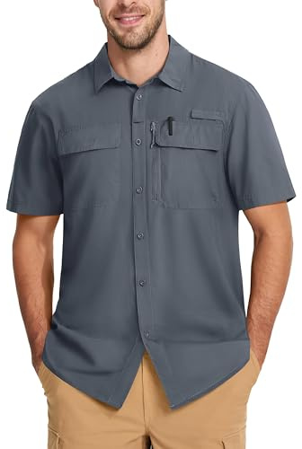 MAGCOMSEN Sun Shirts for Men Short Sleeve SPF Performance Fishing Shirts Dry Fit Light Weight Button Up Work Shirts Dark Grey XL