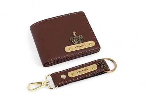 Thebaegift Portefeuille en cuir personnalisé pour homme avec nom et porte-clés | Cadeau d'anniversaire personnalisé pour homme | Organisateur fabriqué à la main avec étiquette de nom et breloques |