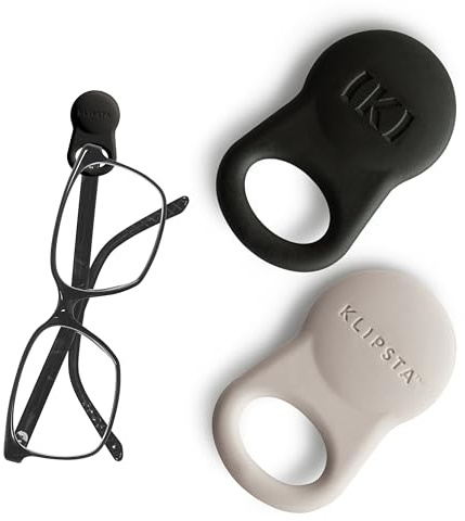 KLIPSTA SPEX Glasses Clips (Black+Stone 2-pack) - Magnetic Glasses Holder for Clothes. Eyewear Strap Alternative, ID Badge Holder.