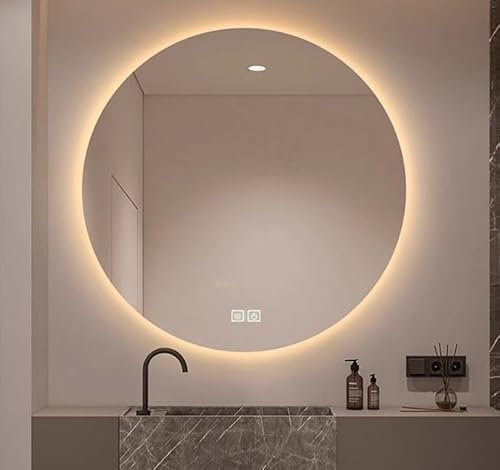 Espejo de Baño Redondo con Luces, 40cm LED Espejo De Pared Moderno Sin Marco, 3 Colores de Luz Regulable y Función de Desinflación, con Interruptor Táctil