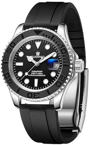 GUANHAO Men's Automatic Mechanical Diving Watch, 40mm Luminous Dial, 100M Waterproof, Luxury Fashion Business Casual Sport Designer Genuine Watch with Calendar, Rubber/Stainless Steel Strap