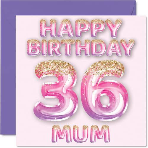 36th Birthday Card for Mum, Pink & Purple Glitter Balloons | Happy Birthday Cards for 36 Year Old Mum Mother from Son Daughter, 145mm Bday Greeting Cards Gift