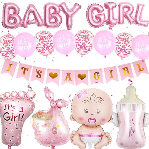 Xietaea Babyparty Deko Mädchen Rosa - 31 Stück Baby Shower Deko mit Its A Girl Banner Baby Girl Luftballons Konfetti Ballons, Babydusche Gender Reveal Party Neugeborenen Willkommen Party Dekoration