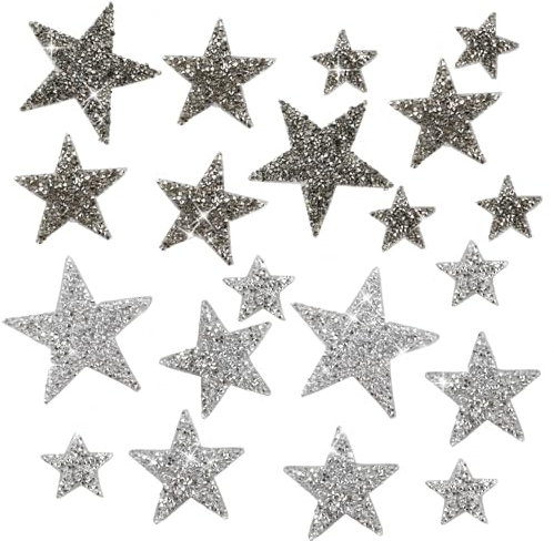 posionks 20 Stück Bügelbild Applikation Stern Fünfzackiger S tern Aufnäher Strass Bügelbilder Glitzer Glänzende Stern-Aufbügelflicken 4/6/8cm für DIY, Kleidung, Rucksack, Hut, Jeans, Schuhe