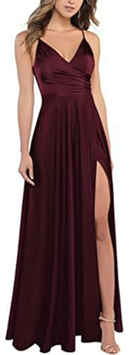 xxxiticat Abito da donna con scollo a V, spalline sottili, lungo, in raso, linea ad A, per damigella d'onore, formale, in raso, con spacco, Vino rosso profondo, XS