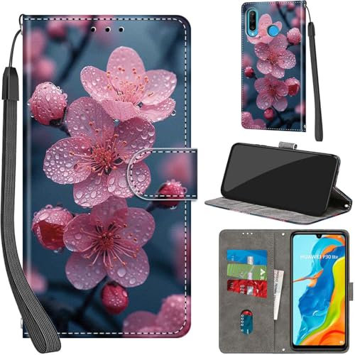 Handyhülle für Huawei P30 Lite Hüllen Premium Leder Case Klappbar Wallet Magnet Kartenfach Standfunktion Schutzhülle kompatibel mit Huawei P30 Lite Cover,Blume