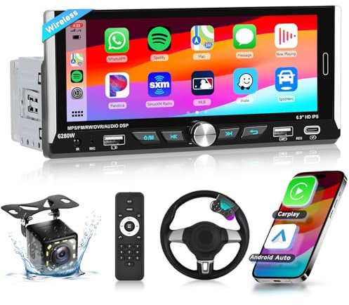 Podofo Single Din Car Stereo with Wireless Carplay Android auto 6.9 inch 2.5D IPS Touchscreen Car Radio Bluetooth 5.0 Mirror Link EQ FM/RDS radio USB/Type-C/TF Card SWC Backup Camera