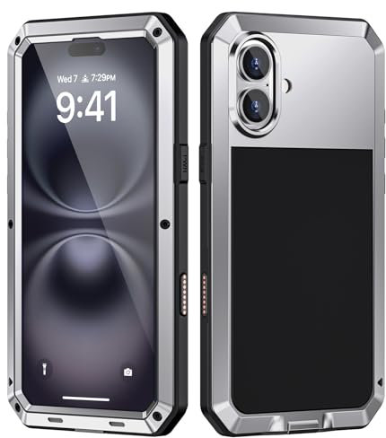Focusor für iPhone 16 Hülle Metall,Handyhülle für iPhone 16 360 Grad Outdoor Stoßfest Heavy Duty Komplett Panzerhülle,iPhone 16 Schutzhülle Staubdicht Robust Armor Case mit Displayschutz,Silber