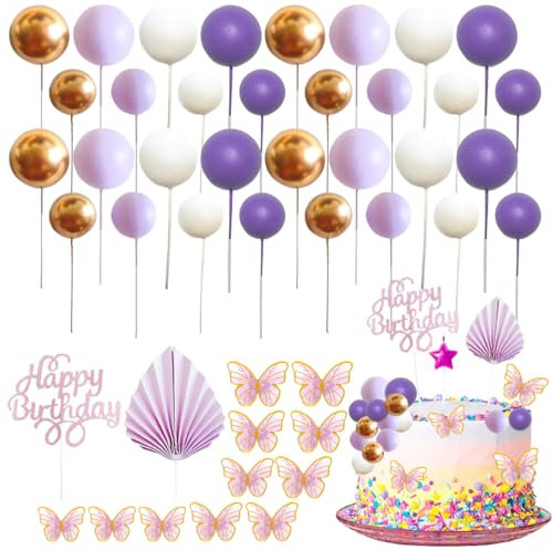 53 Stück Tortendeko Kugeln Cake Topper, XingyLi lila goldene Mini-Ballons Tortenaufleger with Palme, Schmetterling und Happy Birthday Kucheneinsatz, Kuchen Deko Kugeln für Geburtstag Hochzeit