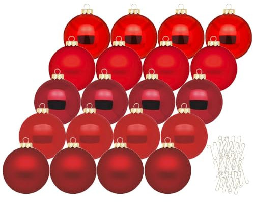 Inge Glas Weihnachtskugeln mit Haken | Schöne Christbaumkugeln aus Glas | Set 20 Kugeln und 40 Aufhänger | Christbaumschmuck Weihnachtsbaumkugeln (Ruby Red | rot)