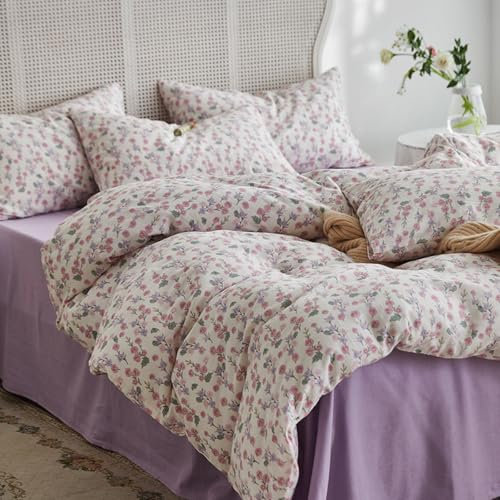 Freyamy Housse de Couette Fleurie 240x260+2 Taie d'oreiller 65x65cm Violet Coloré Feuilles Floral Parure de lit 2 Personnes Adulte Fleurs Sets de Housse Couette en Microfibre avec Fermeture Éclair