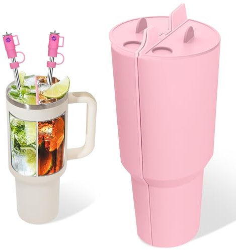 GROBRO7 3Pcs Drink Separator Stanley Cup Liner, Pink Silicone Beverage Separator 40oz with 2Pcs Mini Stanley Straw Cover, 2 in 1 Inner Divider Section Tray Tumbler Split Insert for Juice Coffee Tea