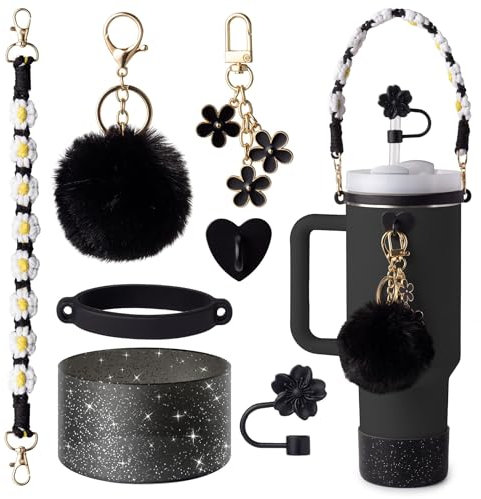 Winmany 7-teiliges Zubehör-Set für Stanley-Becher, inkl. Makramee-Armband, Tragegurt, Silikon-Trinkhalm-Abdeckungen, Kappe, Flasche, Stiefel, Pompon, Anhänger, kompatibel mit Stanley Cup 30/1,2 l