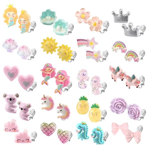 Tikplus 20 Paar Ohrclips Mädchen, Glitzer Ohrclips Harz, Clip Ohrringe Mädchen, Herzform, Blume, Wolke, Nein Durchbohrt