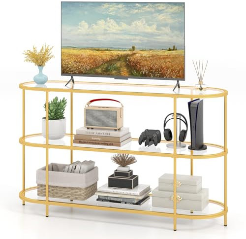 GYMAX Mobile TV a 3 Piani, 140 x 41 x 82 cm, Tavolo Porta TV in Vetro Temperato e Metallo, Robusto Scaffale per TV, Dispositivi Multimediali e Libri, per Soggiorno e Camera da Letto, Oro