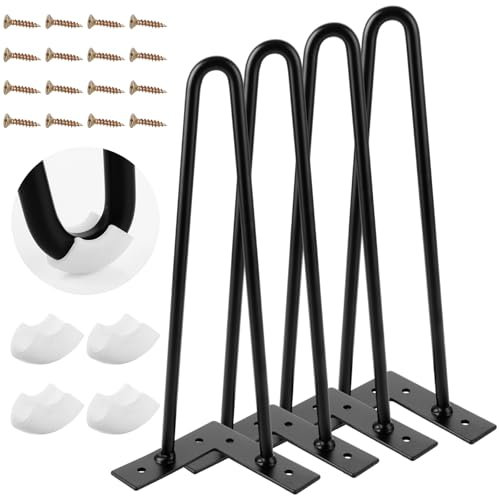 MIVIDE 4 Pcs Pieds de Table en Épingle à Cheveux 30cm, Pieds en Épingle À Cheveux en Acier, Pied Meuble Industriel Noir avec Protecteurs de Sol en Caoutchouc pour Canapé, Meubles