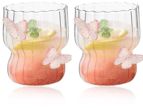 Nexoria 2 Stück Trinkgläser mit Deckel, 280ml Cappuccino Kaffeegläser mit Schmetterling Teeglas mit Strohhalm Origami-Stil Gläser Iced Coffee Glas Becher mit Deckel für Latte Tee Eis Milch Bier (A)