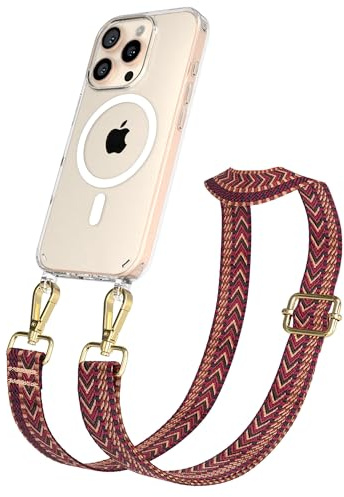 EAZY CASE Handykette - Verstellbares Taschenband kompatibel mit iPhone 16 Pro, Schulterriemen, Handykordel mit Silikon Hülle, Qi Charging kompatibel, Umhängetasche, Rot Braun Gold