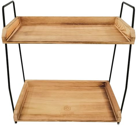 PRODEXUS Coffee Station Organizer – 2 Tier Wooden Shelf for Kitchen Counter – Tea & Coffee Bar Stand with Iron Frame – Condiment Rack & Storage for Mugs, Jars & Accessories