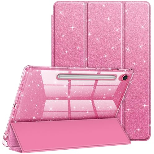 FINTIE Slim Case for Samsung Galaxy Tab S10 FE/ S9 FE 5G 10.9/ Tab S9 11 | with S Pen Holder Glittering Sparkly Shockproof Cover with Shiny Clear Back Shell, Auto Wake/Sleep, Pink