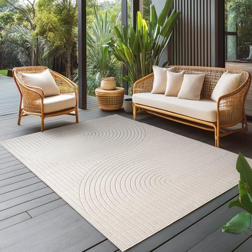 Carpettex Outdoor Teppich wetterfest, Wohnzimmer, Schlafzimmer, Garten, Balkon, Kurzflor Creme, Hoch-Tief-Effekt, weich & waschbar, pflegeleicht, 280x370 cm