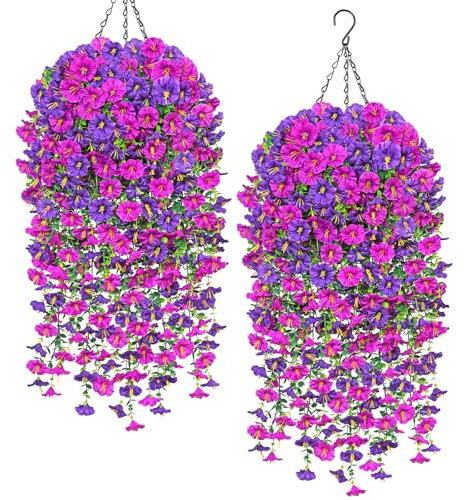 Weldomcor 2 Set Home and Outdoors Silk Fabric Fake Flowers DIY Chain Hanging Basket Artificial Morning Glory Hanging Flowers in Planter for Front Porch Garden Patio Yard Decor (Purple and Fuchsia)