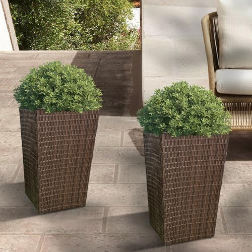 SJGUOJI 2 Pack Rattan Wicker Planters with Removable Liner Large Indoor Outdoor Planter Flower Plant Pots Garden Patio Front Porch 60.5cm (H) x 35.5cm (W) x 35.5cm (D) (Brown)