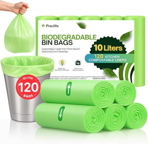 120 Pcs Biodegradable Food Waste Bags, 10L Compostable Caddy Bin Liners | Small Clear Green Food Recycling Garbage Trash Bags