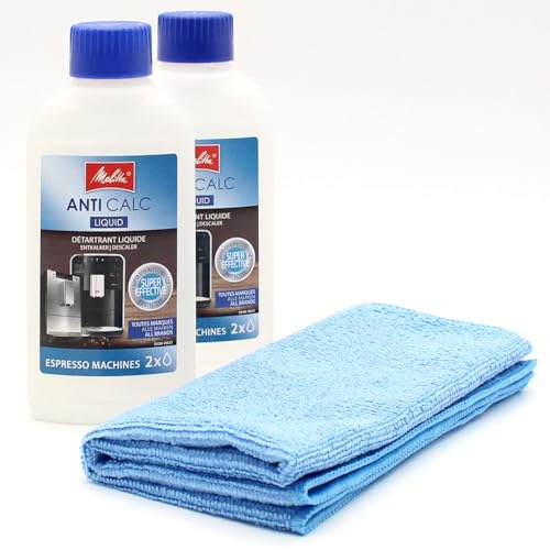 2 Détartrant pour machines à Expresso, Cafetières Automatiques + Chiffon en microfibre compatible avec Melitta Caffeo Solo 6553104, Caffeo Solo 6571856 - Accessoires, Pièces Détachées
