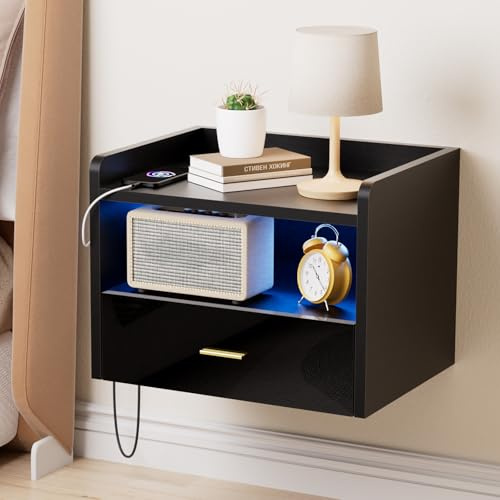 Hängender Nachttisch, Holz Nachttisch mit Schublade Ladestation AC-Steckdose/2 USB-Anschlüsse Wandschrank schwebende Nachtkommode mit LED Lichtleiste Wandregal für Schlafzimmer Wohnzimmer-40x30x30cm