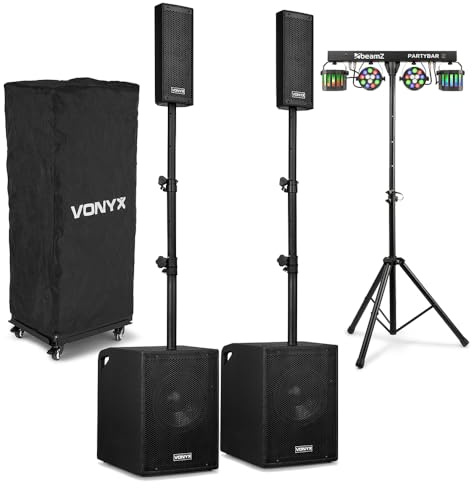 Vonyx VX1020BT Column DJ Audio System with BeamZ PartyBar2 Disco Lights – 2.2 Active Speaker Array, Subwoofers & Lighting Bar, All-in-One Mobile DJ Setup Package for Events, Parties, Gigs