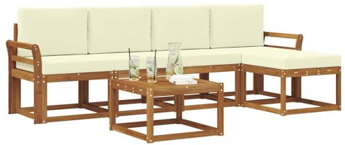vidaXL Outdoor-Sofagarnitur 6 pcs Natur und Creme Massivholz Akazie, Gartenlounge-Set, Moderne Akazien-Couch, strapazierfähiges Outdoor-Sofa, stylische Terrassenmöbel