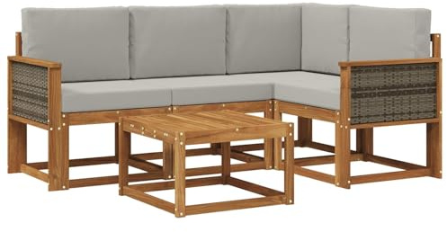 vidaXL Outdoor-Sofagarnitur 5 pcs Natürlich und Hellgrau Polyester, Gartenmöbel, modernes Loungesofa, Eckset für die Terrasse, Robustes Sitzmöbel für drinnen und draußen
