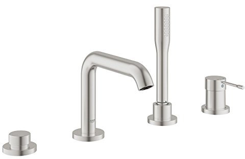 GROHE Essence, Badewannenarmatur 4-Loch (Komplettset mit Armatur, Duschkopf und Duschschlauch, Umstellung für Wanne/Brause, langlebige Oberfläche, mit Temperaturbegrenzer), edelstahl, 19578DC1