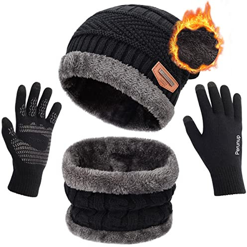 Petrunup Hat Circle Schal und Handschuhe Set Herren Damen Touchscreen Handschuhe Nackenwärmer Slouch Mütze Schwarz