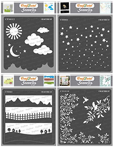 CrafTreat Nature Stencils for Crafts Reusable - Clouds and Stars, Starry Sky, Landscapes, Leaves and Branch Stencil (4 Pieces) - Size: 6 x 6 Inches - Scene Stencils for Furniture Painting Vintage