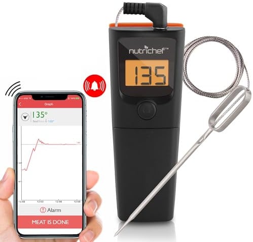Bluetooth Meat Thermometer for Grilling - Smart Wireless Kitchen Remote Instant Read BBQ Temperature Probe for Grill, Oven, Smoker, Cooking, Smoking Food w/ Digital LCD Display - NutriChef PWIRBBQ90