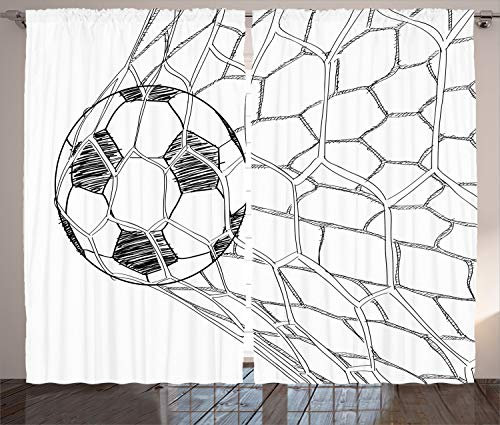 ABAKUHAUS Schwarz-Weiss Rustikaler Vorhang, Fußball im Netz, Wohnzimmer Universalband Gardinen mit Schlaufen und Haken, 280 x 225 cm, Weiß Schwarz