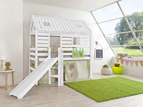 Froschkönig24 Hochbett Tom´s Hütte 1 Kinderbett mit Rutsche Spielbett Bett Weiß Indianer, Matratze:mit