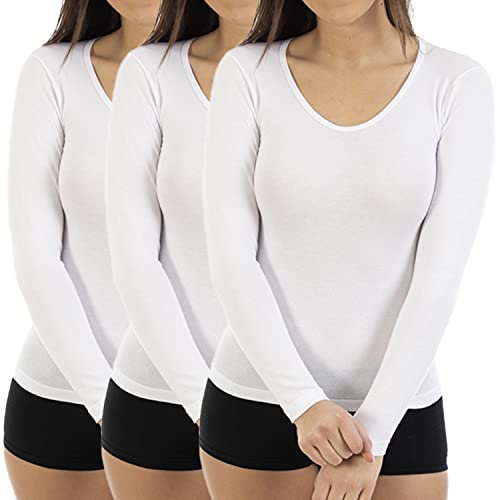 Lacotex Camiseta Interior de Mujer de Manga Larga y Cuello Pico | Confort y Protección Térmica | Pack Ahorro 3 Unidades | Talla XL | Color Blanco