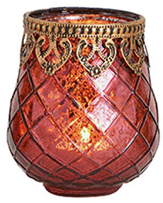 Windlicht Shabby chic mit Metall Rand aus Glas(B/H/T) 9x10x9cm mediterrane Windlichter und Kerzenhalter Teelicht für drinnen und draußen Terasse Garten Balkon Deko (rot Bordeaux)