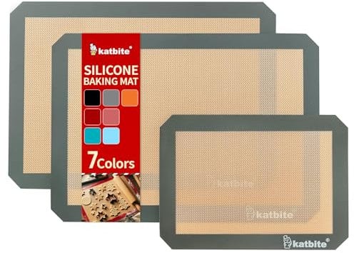 Katbite Backmatte aus Silikon 3er Set, Antihaftbeschichtung Silikon Backmatte Dauerbackfolie Wiederverwendbar Backfolie Silikonmatte BPA frei, Backmatten for Brot/Macarons/Kuchen/Pizza