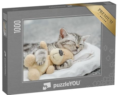puzzleYOU: Puzzle 1000 Teile „Niedliches Kätzchen schmust mit einem Teddy“ – aus der Puzzle-Kollektion Tiere, Amerika, Katzen-Puzzles