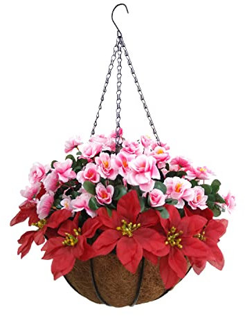Haus und Außen Hof Weihnachtsdekoration Seide Rote Weihnachtsblume Künstliche Weihnachtsstern Und Künstliche Rosa Azaleen Blume Hübsche DIY Kette Hängender Korb (Small Basket)
