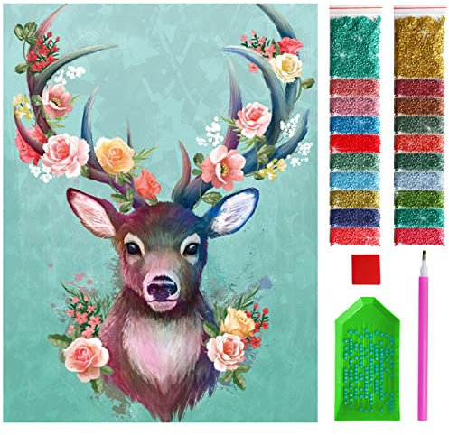ARTULIO Diamond Painting Set - Hirschporträt mit Blumen - 30x40 cm – 5D Diamant Painting Bilder, Diamond Painting Erwachsene